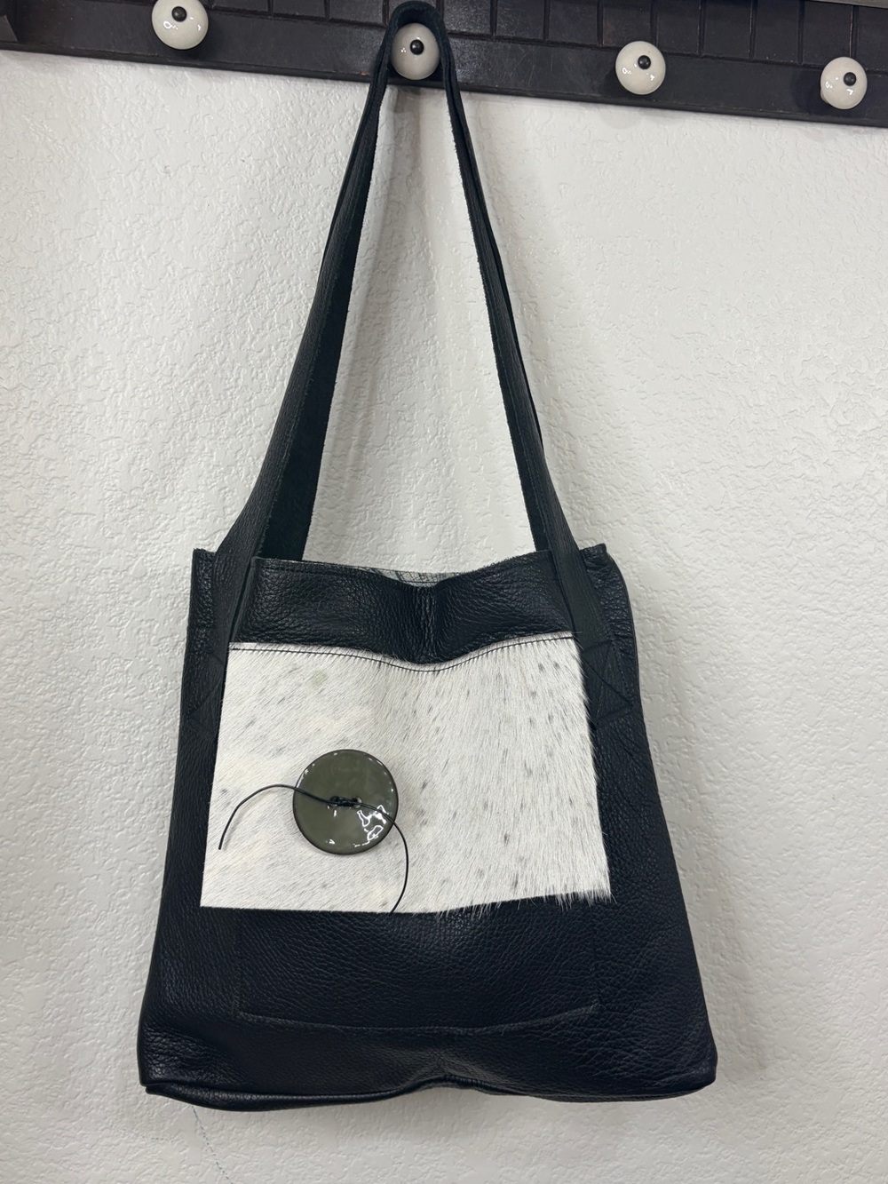 RENE DOMINO Artisan Black and White Leather Tote Bag with Calf Hair Front Panel